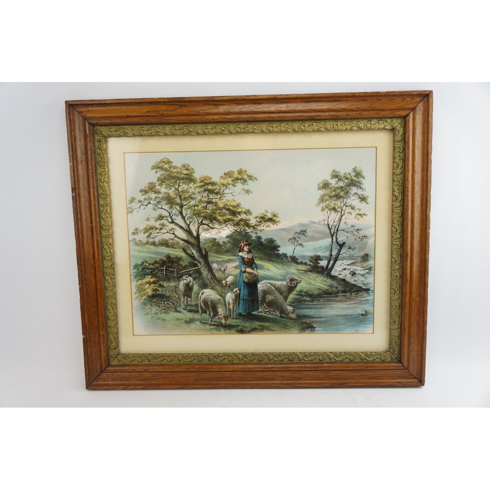 Paul Vayson Shepherdess's Pet and Sheep Lithograph Print Wood Framed Art Good